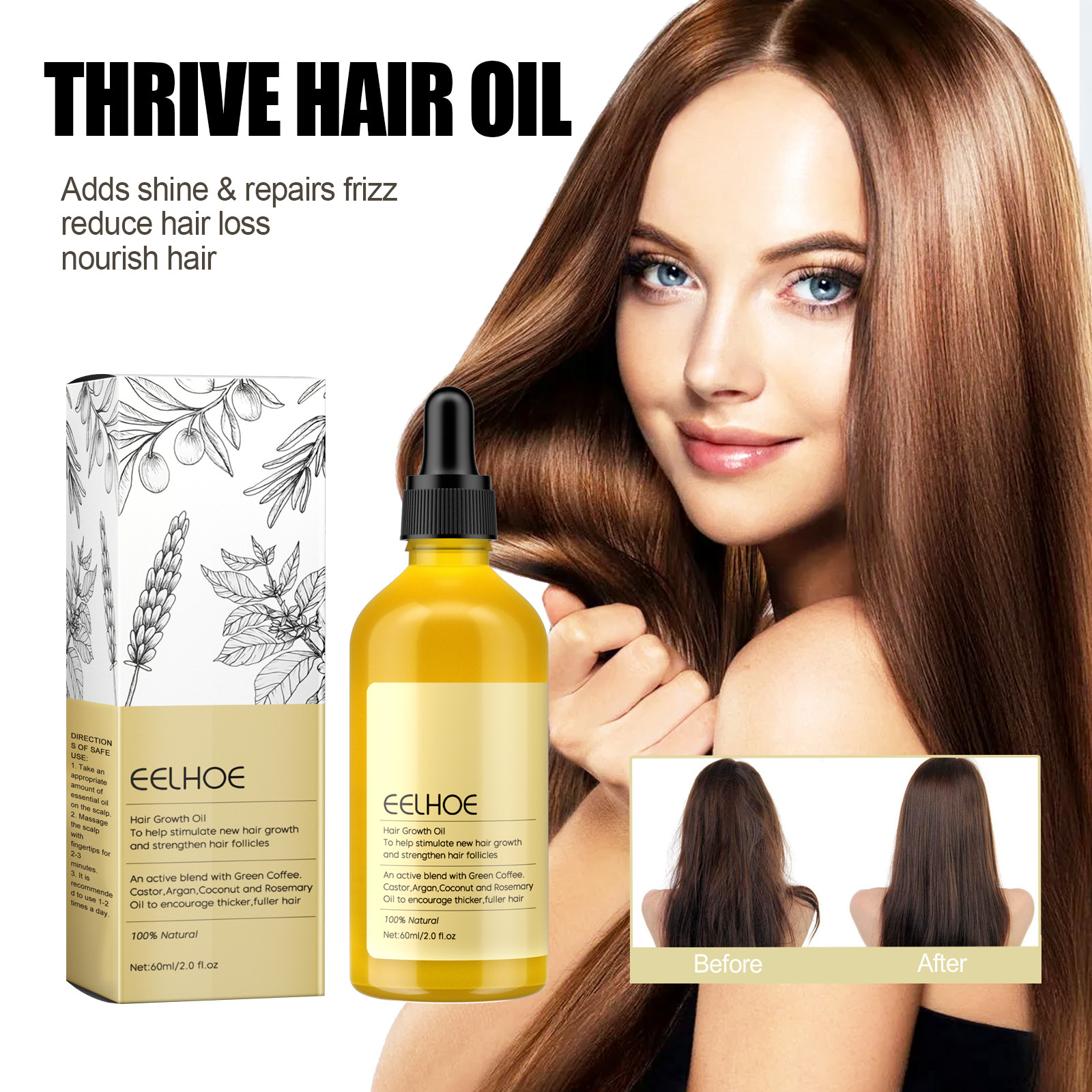 EELHOE Rosemary Dense Hair Care Essential Oil Repair hair damage, prevent hair loss, Smooth hair Nourishing hair Oil YL075-EEA01-A028-60-WH1