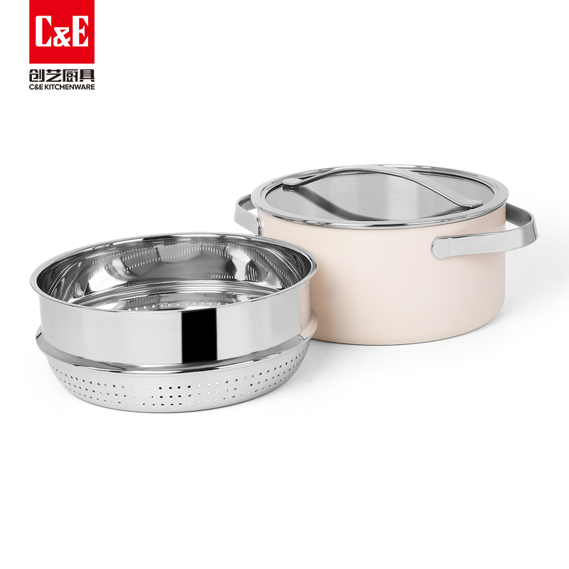 C&E Creative Steamer, 304 stainless steel, glass cover, uncoated multi-functional pot, suitable for boiling, stewing, steaming and braising, 4L large capacity soup pot and stove Specification image