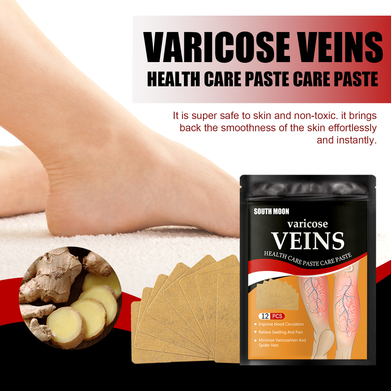 South Moon Vein Care Patch YL075-bjt107gw01-12pcs for relieving foot varicose swelling of earthworm leg blood vessel blockage