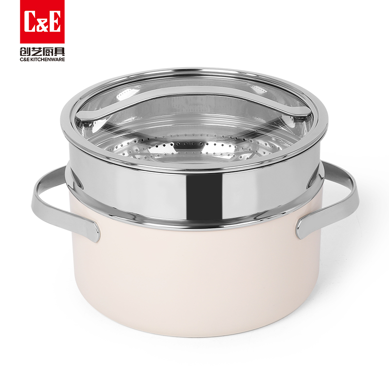 C&E Creative Steamer, 304 stainless steel, glass cover, uncoated multi-functional pot, suitable for boiling, stewing, steaming and braising, 4L large capacity soup pot and stove details Picture