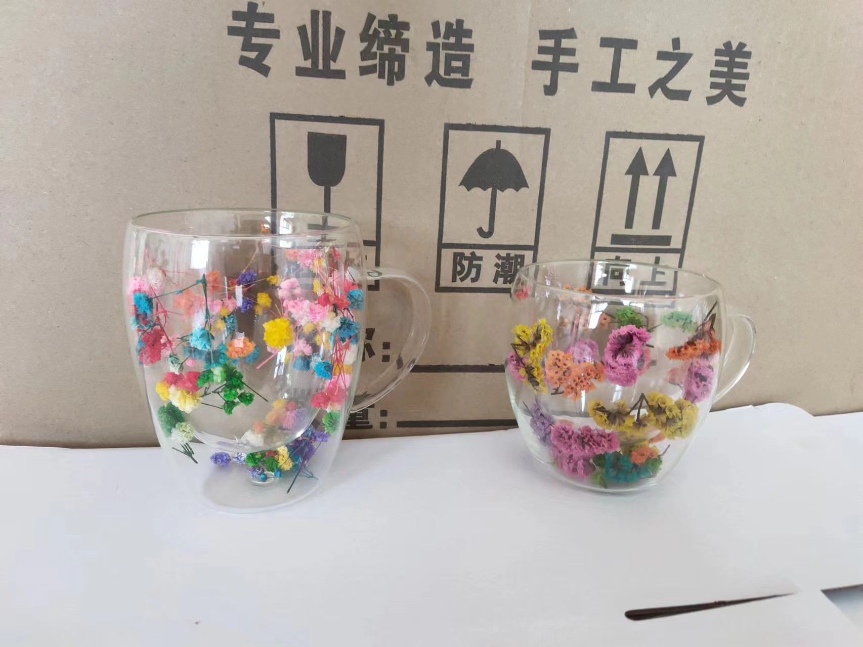 高硼硅带把双层杯干花双层杯耐热玻璃杯