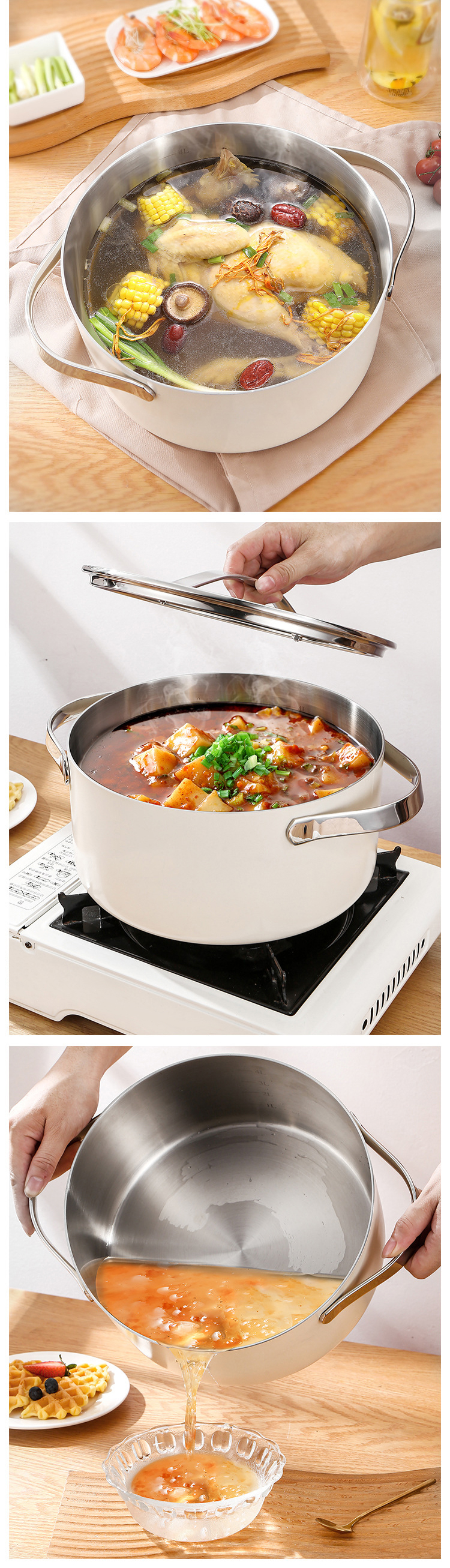 C&E Creative Steamer, 304 stainless steel, glass cover, uncoated multi-functional pot, suitable for boiling, stewing, steaming and braising, 4L large capacity soup pot and stove pic 8