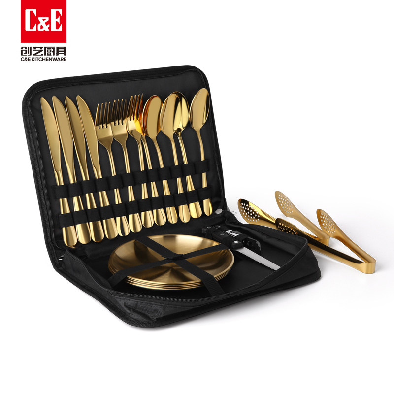 C&E Creative Knife, fork, Spoon, Food tongs, bottle Opener 20-piece Set with storage box, light luxury and simple tableware, portable stainless steel tableware for outdoor travel, home, hotel and restaurant