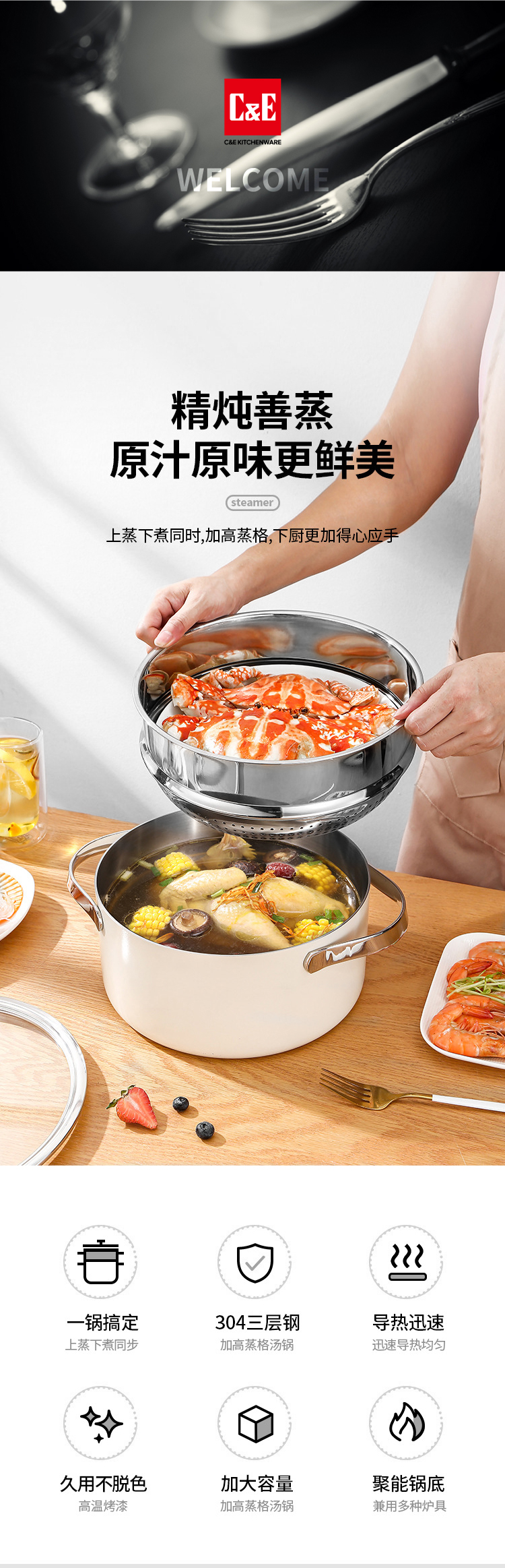 C&E Creative Steamer, 304 stainless steel, glass cover, uncoated multi-functional pot, suitable for boiling, stewing, steaming and braising, 4L large capacity soup pot and stove pic 3