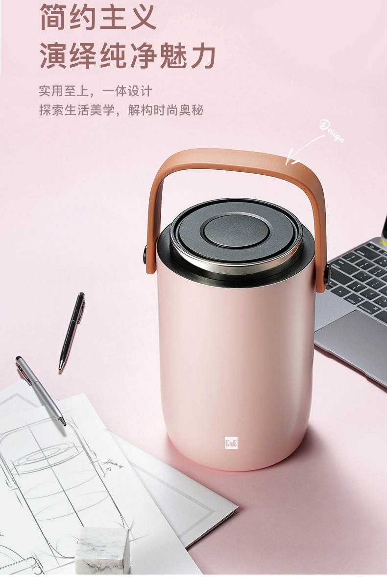 C&E创艺新款时尚保温提锅三格2.1L大容量不锈钢保温饭盒便携提手办公室学校家用详情10
