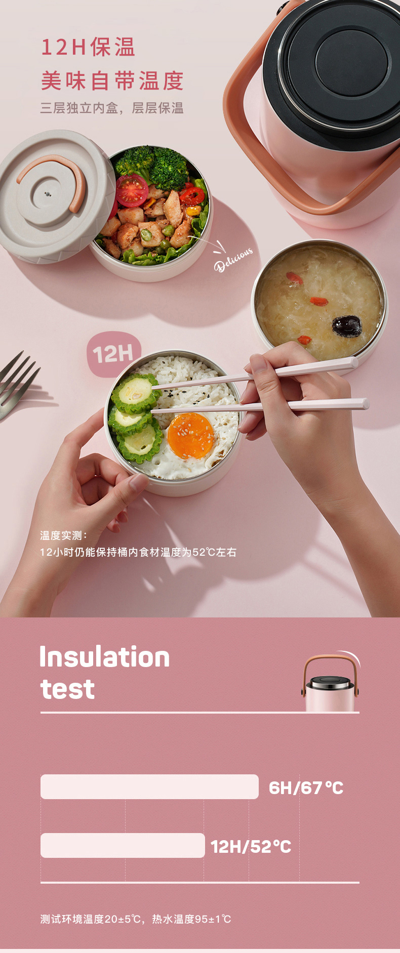 C&E创艺新款时尚保温提锅三格2.1L大容量不锈钢保温饭盒便携提手办公室学校家用详情7