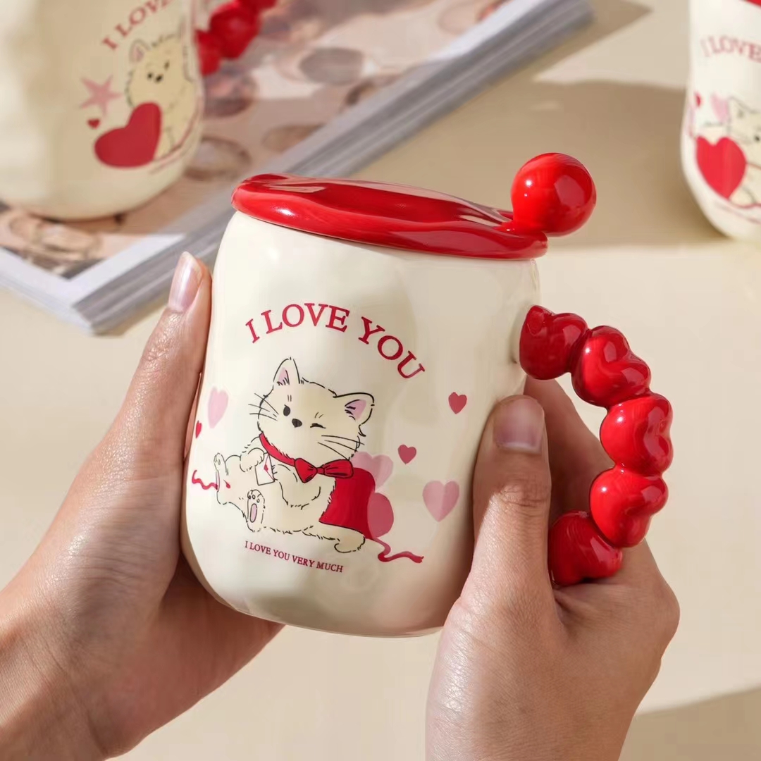 珍珠把手陶瓷马克杯 高温瓷情侣卡通杯带精美包装 耐热陶瓷茶杯咖啡杯