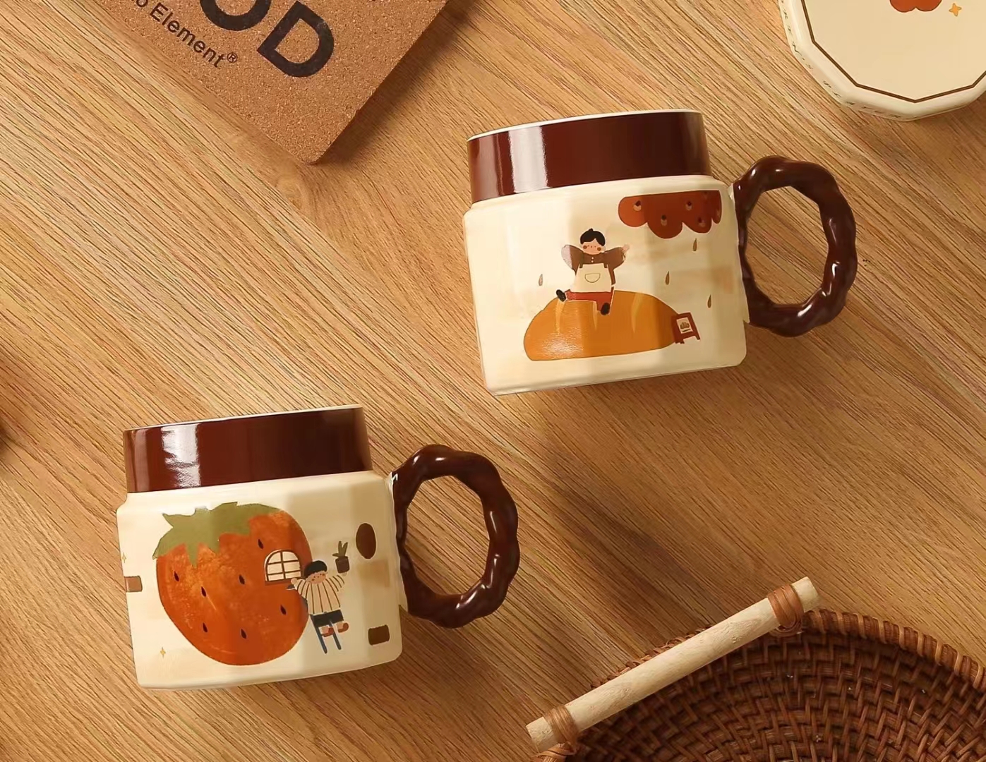 新品童趣复古孩童陶瓷杯马克杯水杯带盖马克杯带包装