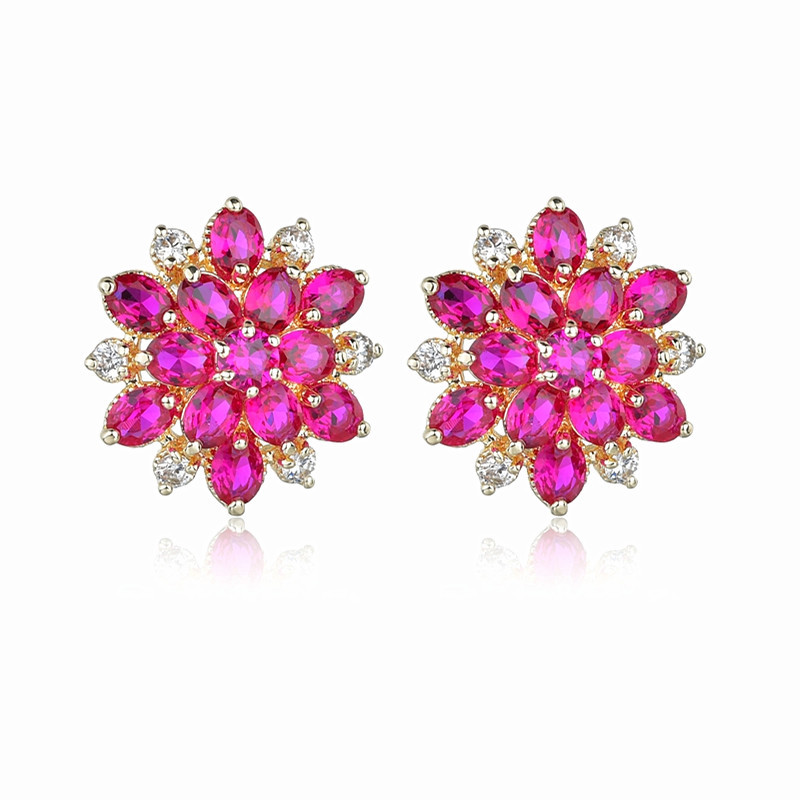 Big flower girl earrings S925 needle air net red zircon earrings source factory ruby inlaid advanced earrings Specification drawing