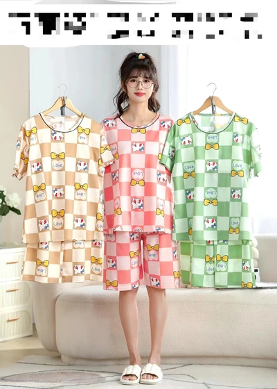 2024 New Pyjamas Women's Summer Thin Summer Silk Home Suit Three Colors
