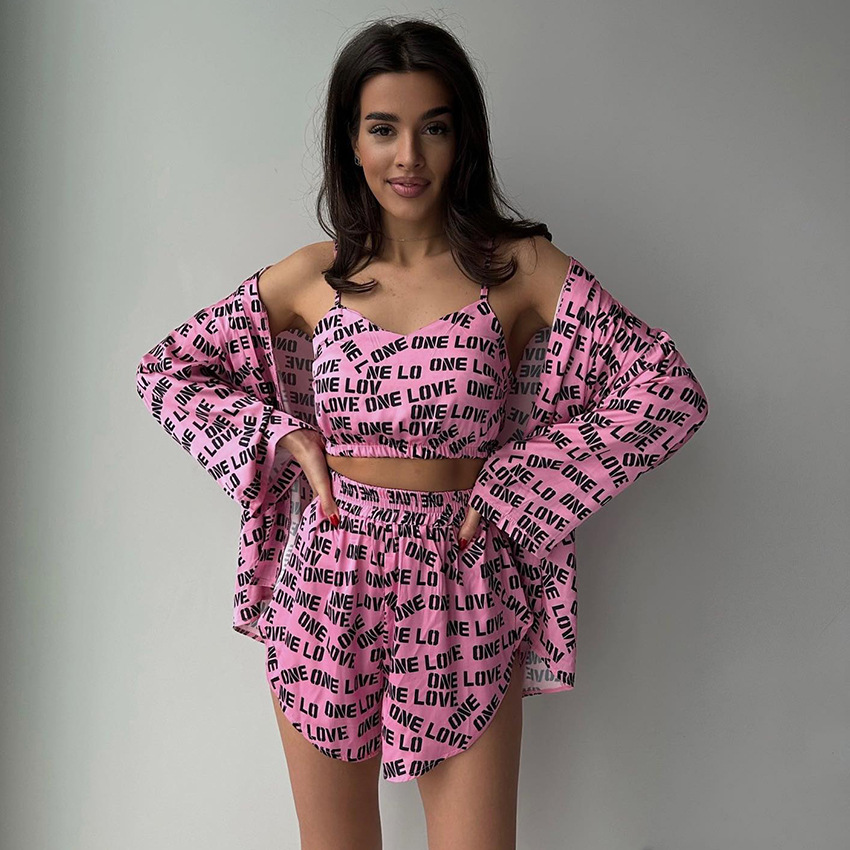 Spring And Autumn New Light Luxury Brand Vs Victoria Ice Silk Print Flower Love Pajamas Shorts Three-Piece Women's Home Wear Set details Picture