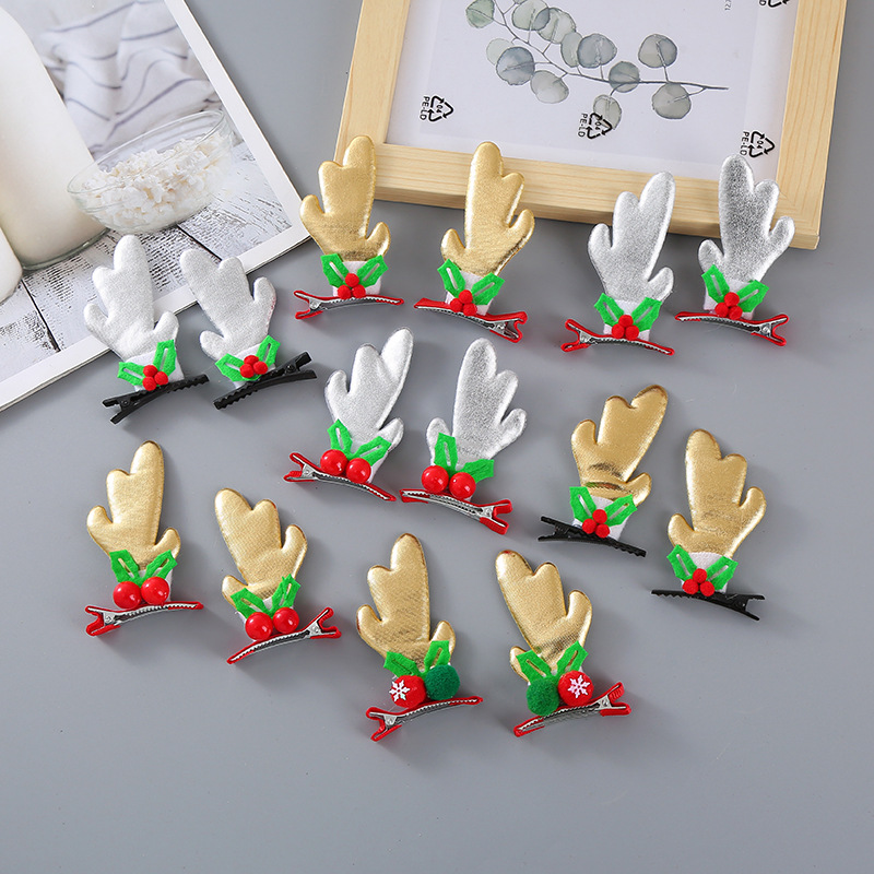 Elk antler Christmas hair accessories, cartoon fabric, elk antler children's hair clips, double clips, holiday party, children's wholesale details Picture