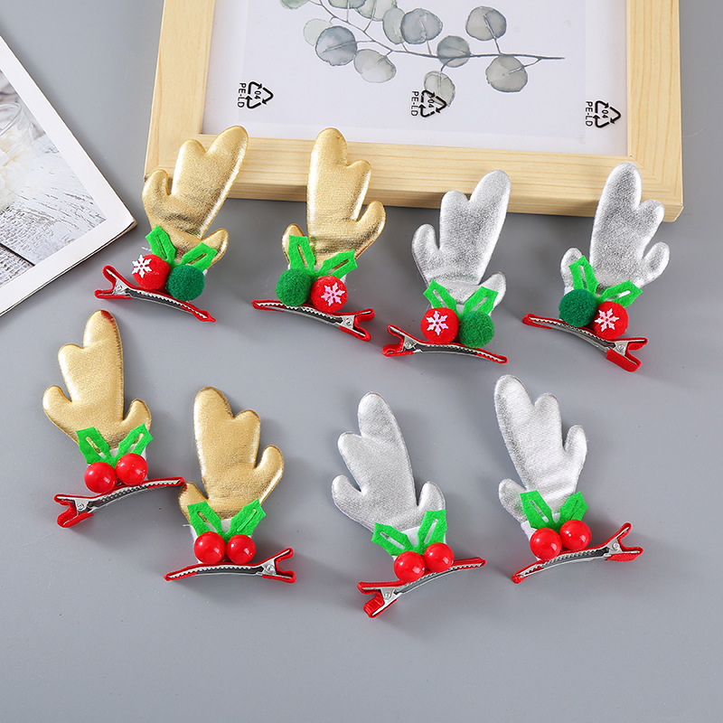 Elk antler Christmas hair accessories, cartoon fabric, elk antler children's hair clips, double clips, holiday party, children's wholesale