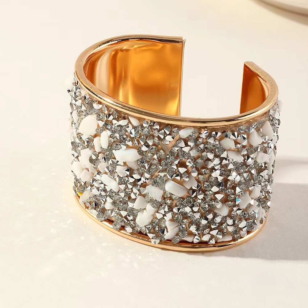 Cross-border Amazon Siyin's best-selling Bohemian-style metal bracelet with diamonds, rough stones and shells, shining wide opening C-shaped ladies' metal bracelet