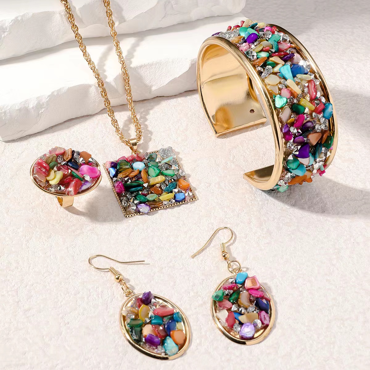 Cross-border Amazon Shein Pinduoduo Overseas Edition Best-selling European and American fashion trend electroplated gold women's original stone metal neckband, collar and earring set details Picture