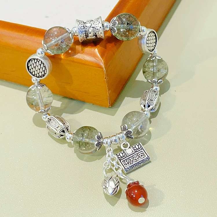 Tibetan Silver Green Ghost Bracelet Second Generation Wax Butterfly Baby Elephant Pendant Tassel Female Girlfriends Bracelet New Chinese Hand Accessories Specification drawing