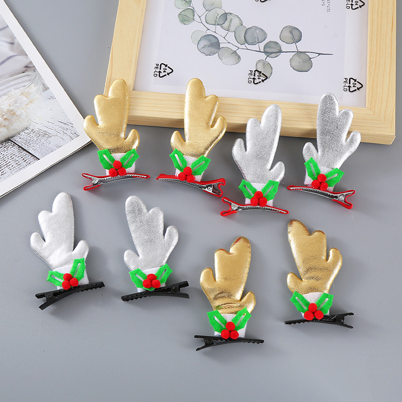 Elk antler Christmas hair accessories, cartoon fabric, elk antler children's hair clips, double clips, holiday party, children's wholesale Specification image