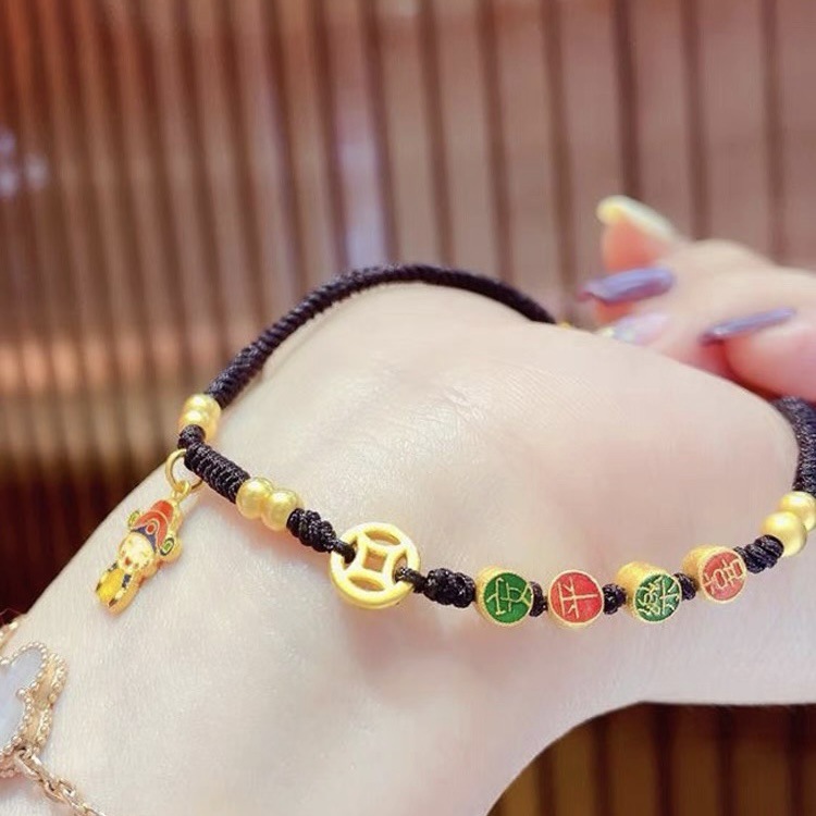 Gold Burnt Blue Peace And Joy Ancient Method Lucky Beads God Of Wealth Coins Delicate Everything 2024 New Anklet Women details Picture
