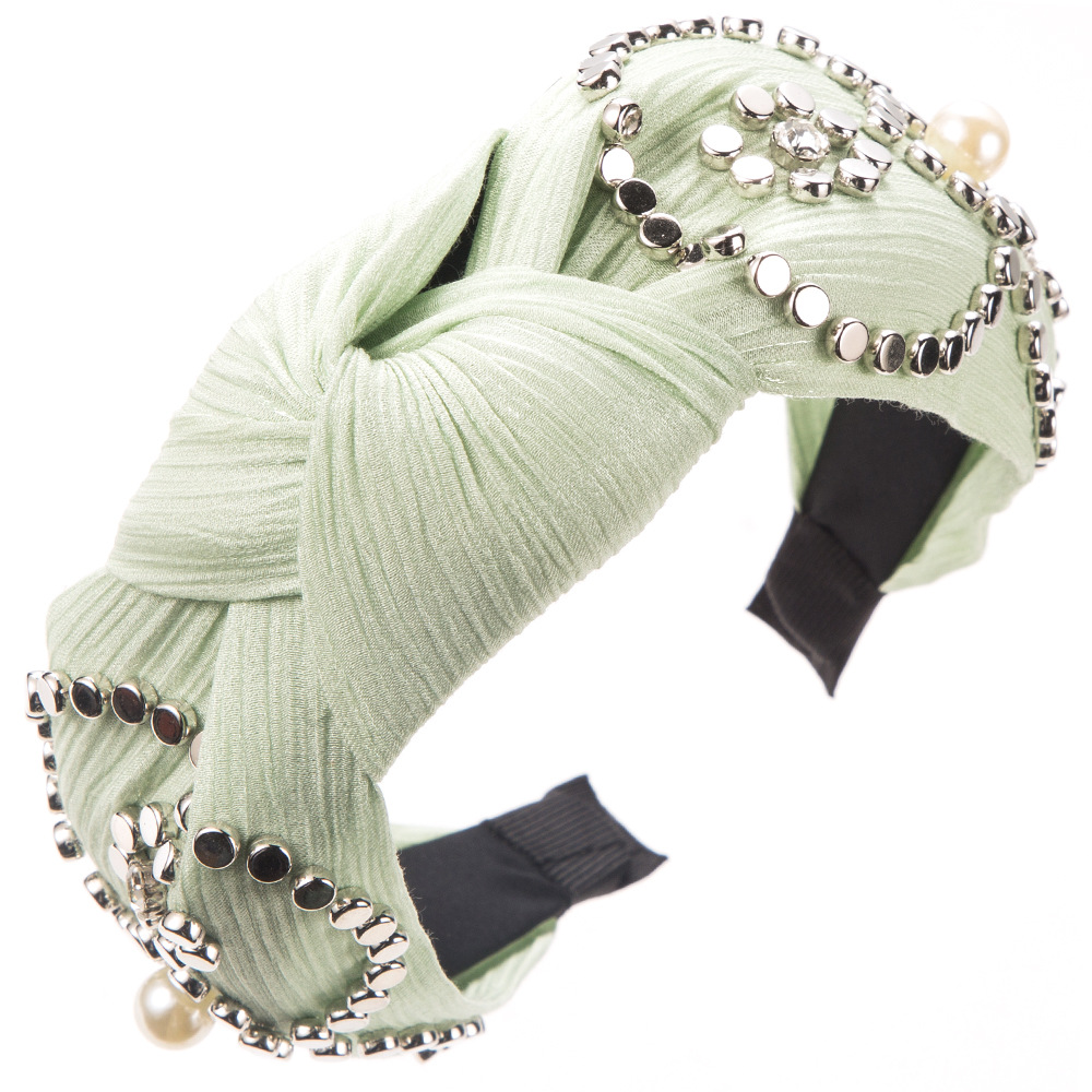 Green Headband Europe And The United States Wide Edge Fabric Knotting Headband Simple Personality Nail Bead Headband Women Light Luxury High Sense Hair Accessories