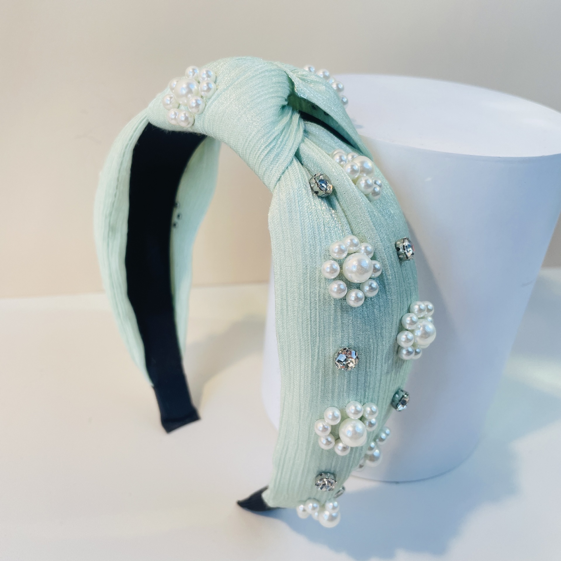 Cross Border Pearl Headband Flower Green High Cranial Top Advanced Sense Of Spring/Summer Headband Metal Kinky Hair Accessories Knotting Flower-Shaped Hair Grottoes