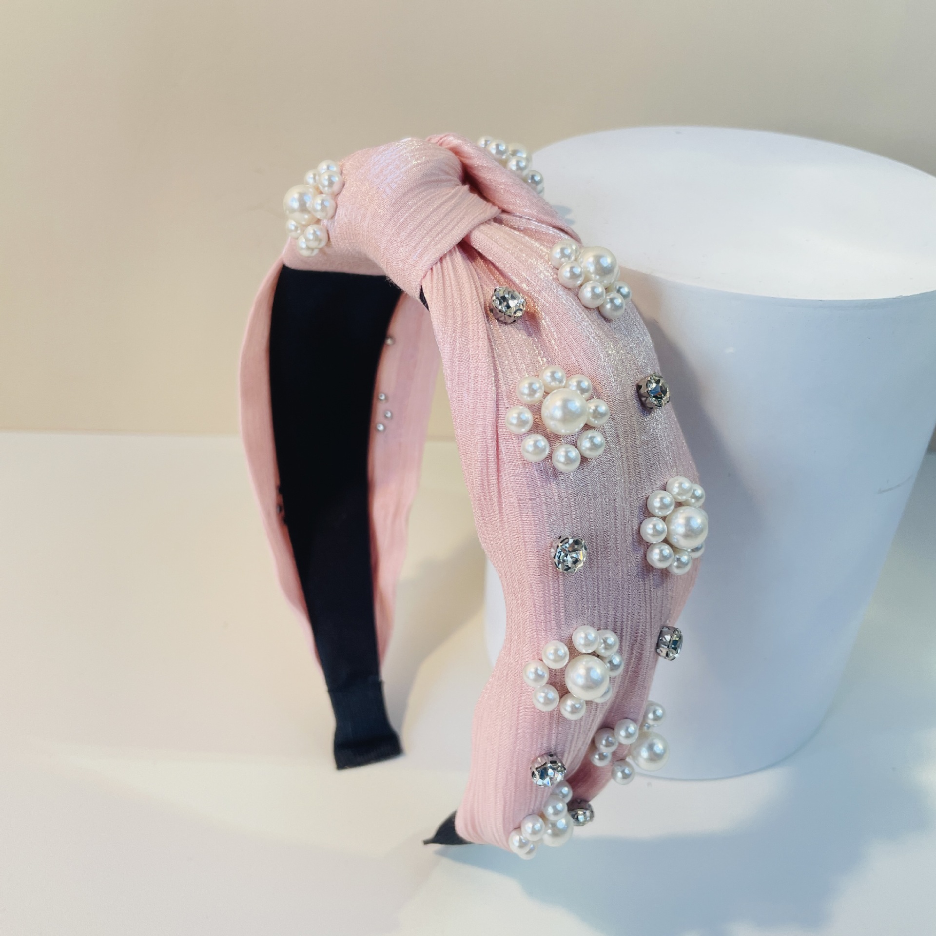 Cross Border Pearl Headband Flower Pink High Cranial Top Advanced Spring/Summer Style Headband Metal Kinky Hair Accessories Knotting Flower-Shaped Hair Grotches