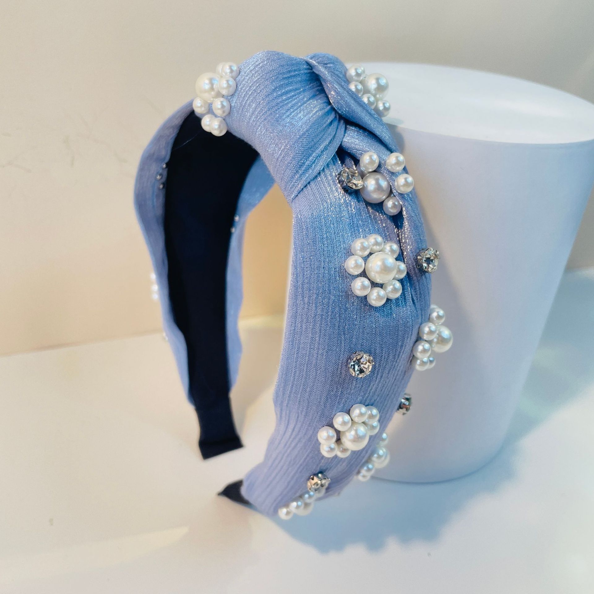 Cross Border Pearl Headband Flower Blue High Cranial Top High Touch Spring/Summer Style Headband Metal Kinky Hair Accessories Knotting Flower Hair Grottoes