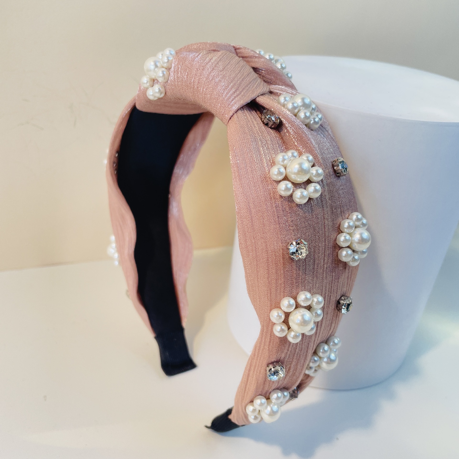 Cross Border Pearl Headband Flower Pinkish Pink High Cranial Top Advanced Sense Of Spring/Summer Style Headband Metal Kink Hair Accessories Knotting Flower-Shaped Hair Grotches