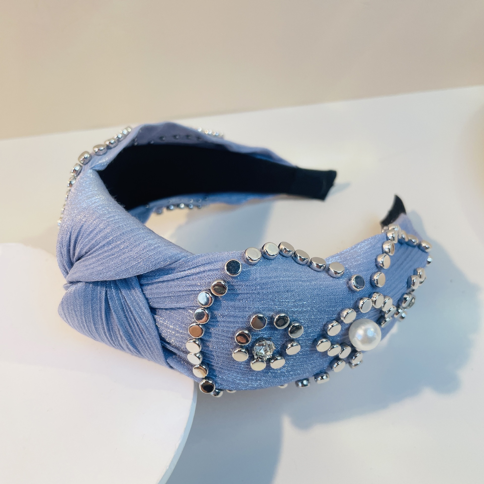 Cross Border Pearl Headband Metal Blue High Cranial Top Advanced Spring/Summer Style Headband Metal Kinky Hair Accessories Knotting Flower-Shaped Hair Grottoes