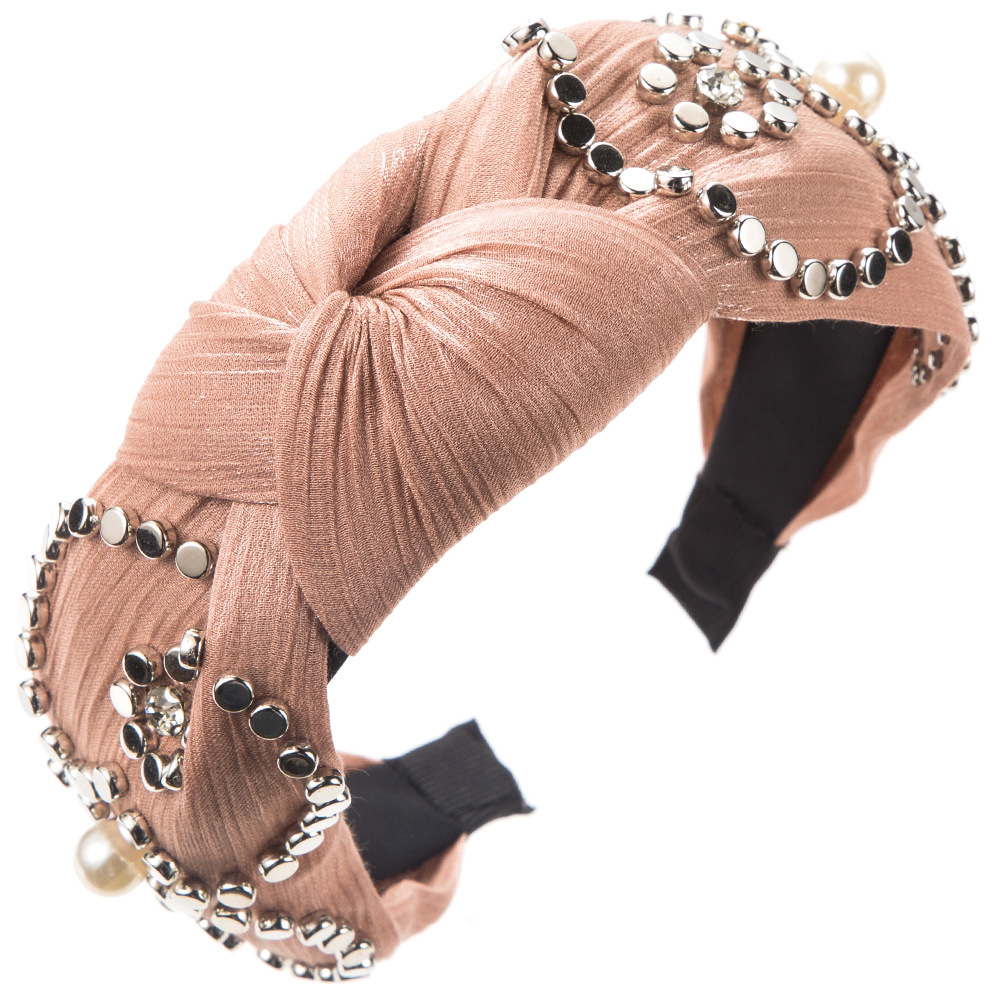 Pinkish Pink Hair Band Europe And The United States Wide Edge Fabric Knot Hair Band Simple Personality Nail Bead Head Band Women Light Luxury Senior Sense Hair Accessories