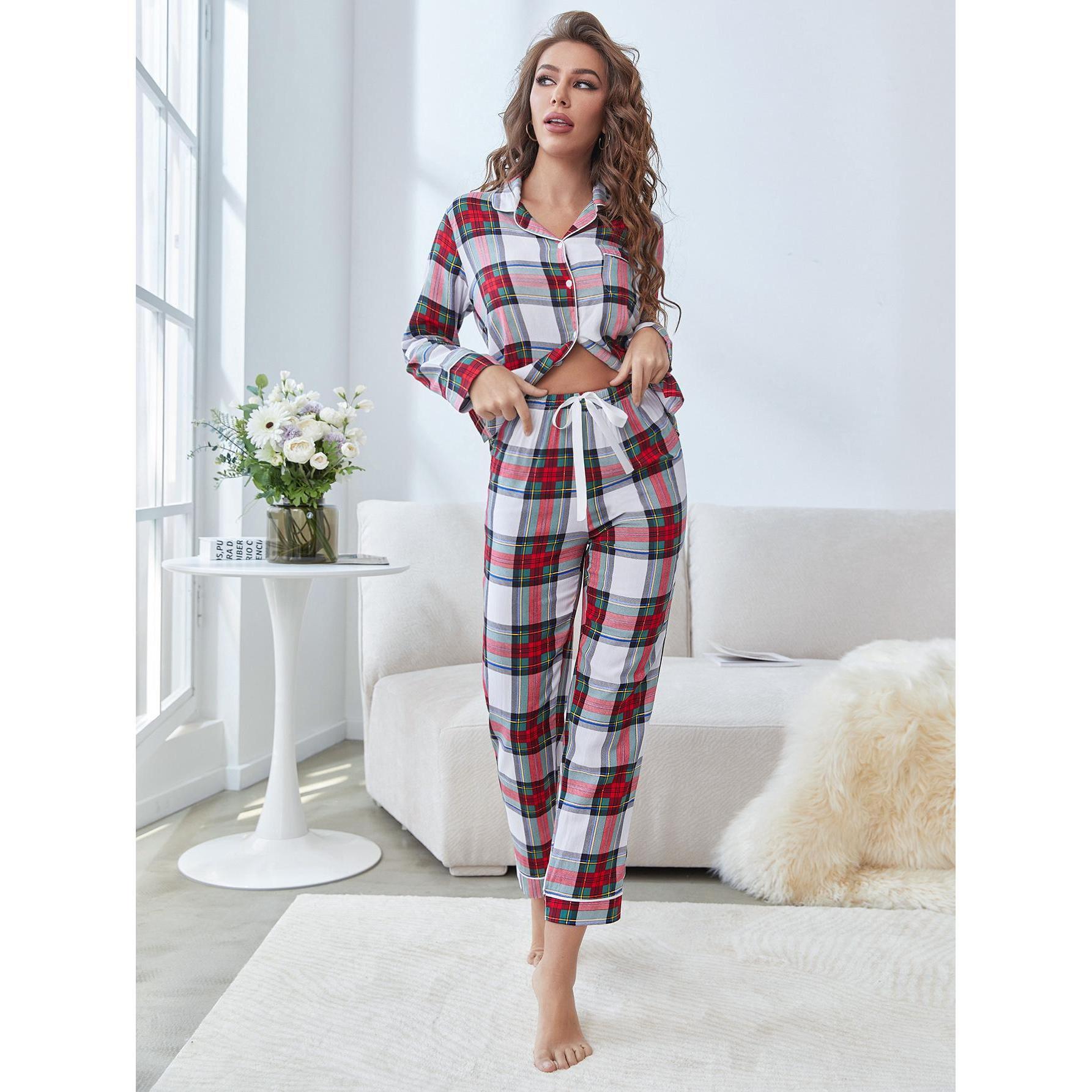 Women's Long Sleeve Trousers Warm Soft Comfortable Loose Plaid Design Pajamas Cotton Red And White Check Christmas Home Set Specification drawing
