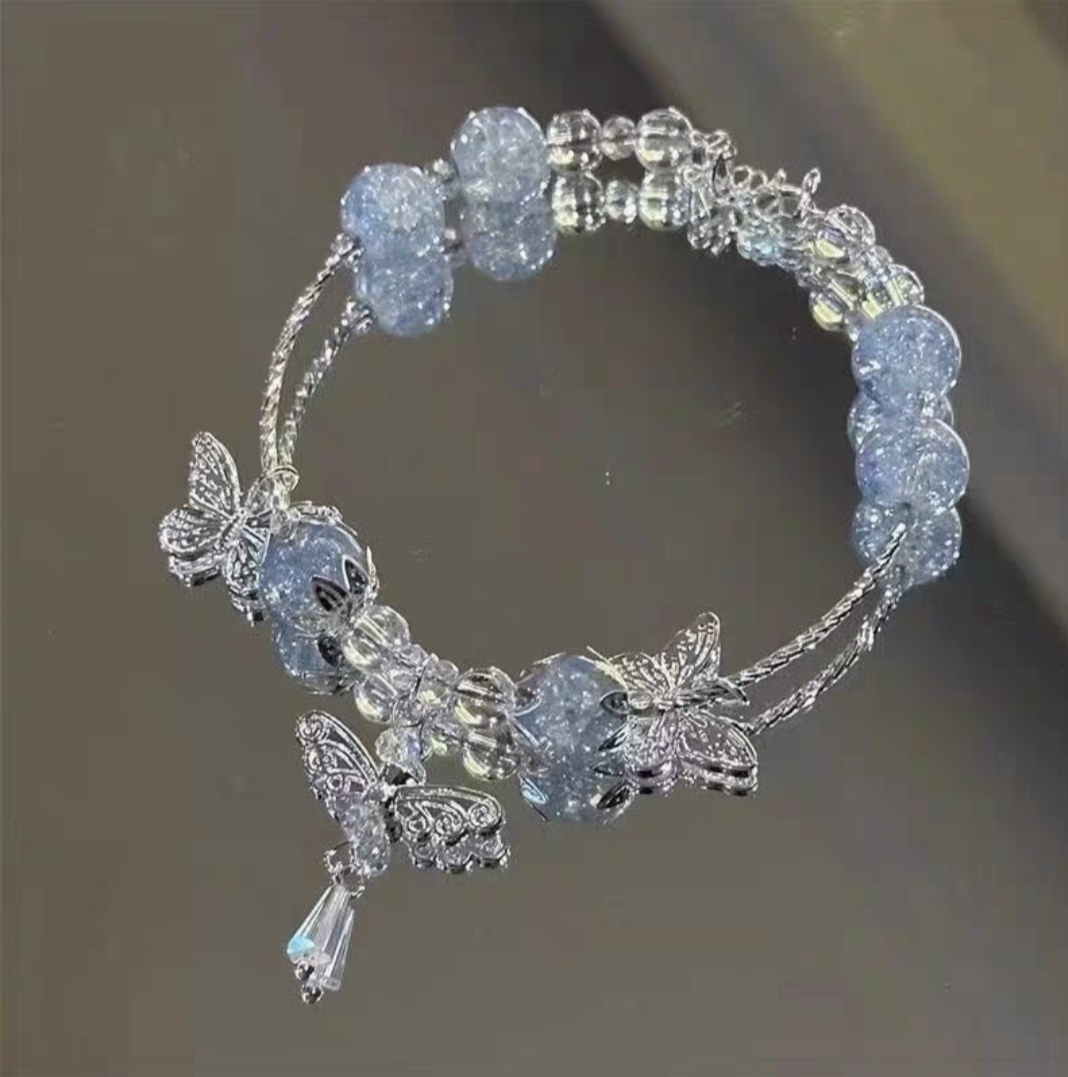 2024款网红爆款蓝色纹水晶银蝴蝶手链