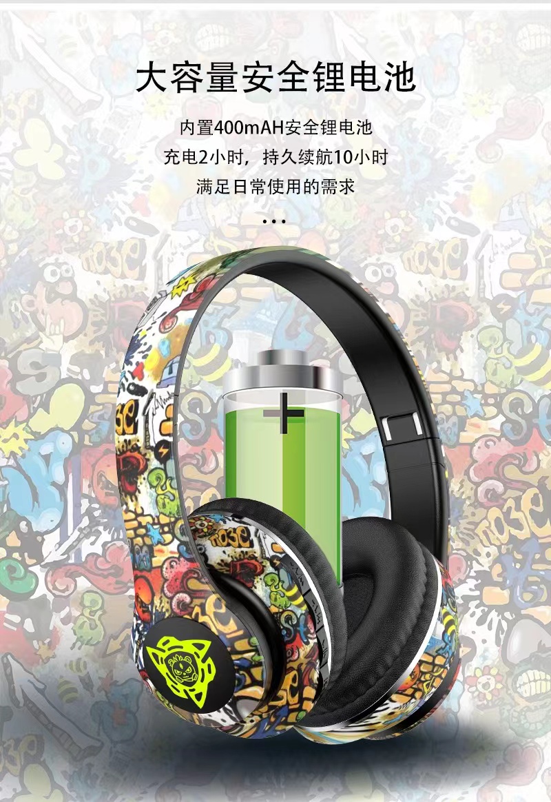 爆款头戴式蓝牙耳机无线耳麦国潮涂鸦新款发光立体声音乐运动详情2