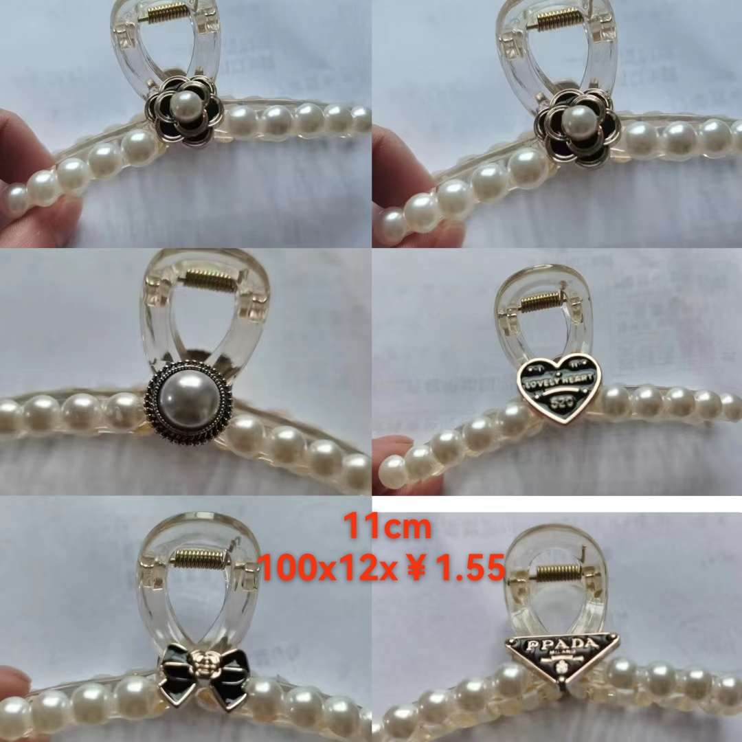 13 cm online bestseller, high-end Chanel series, the same style as Internet celebrities, transparent champagne pearl crossed back of the head, Korean shark hairpin, stylish plastic headwear detail image 2