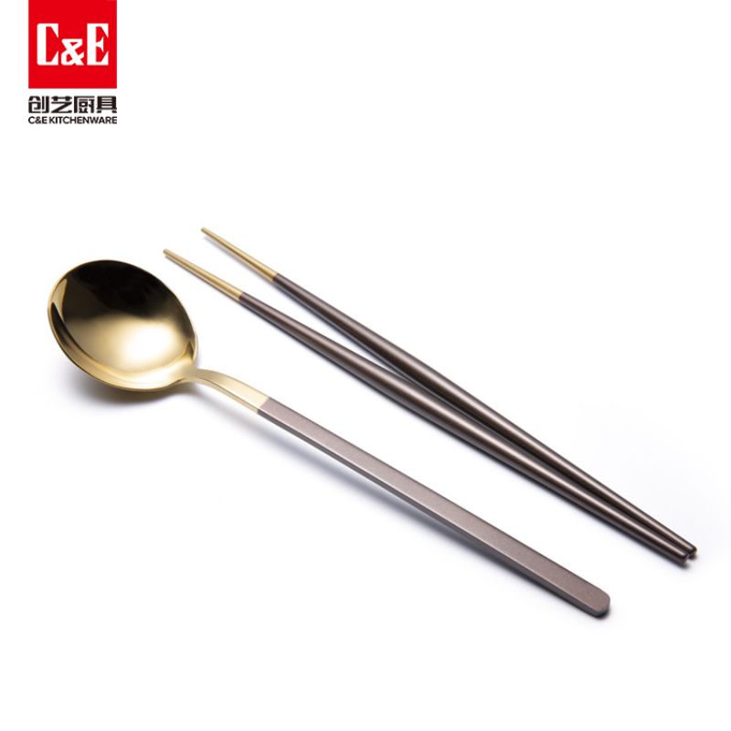 *C&E创艺厨具 义乌好货 精美不锈钢勺筷套装，单人室外餐具套装，棕金色勺子筷子