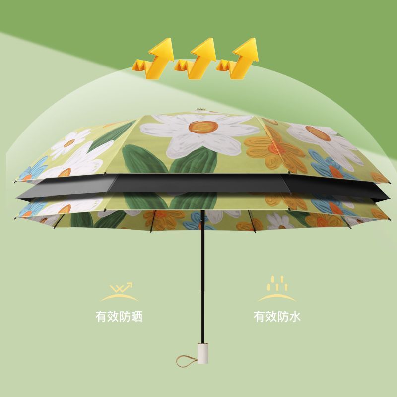 黑胶双面双花晴雨伞两用女折叠太阳伞防晒防紫外线三折双层遮阳伞详情图3