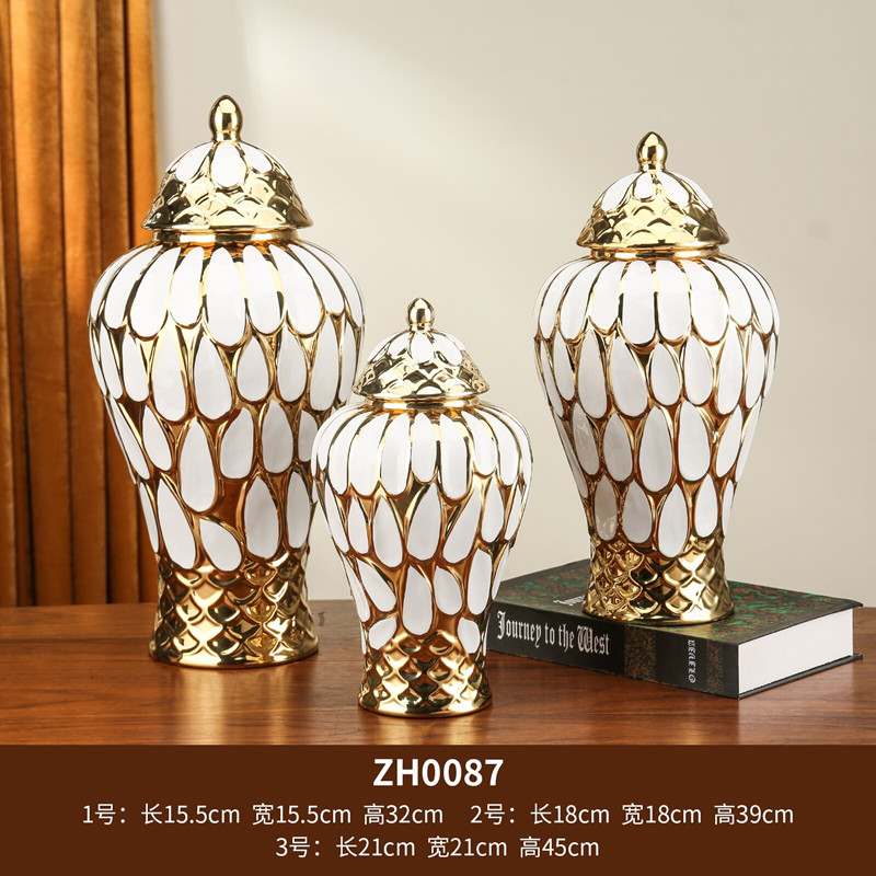 Golden ceramic vintage military jars, open large vases, model room, living room, hotel, Xuan decorative ornaments, flower vases Item Picture
