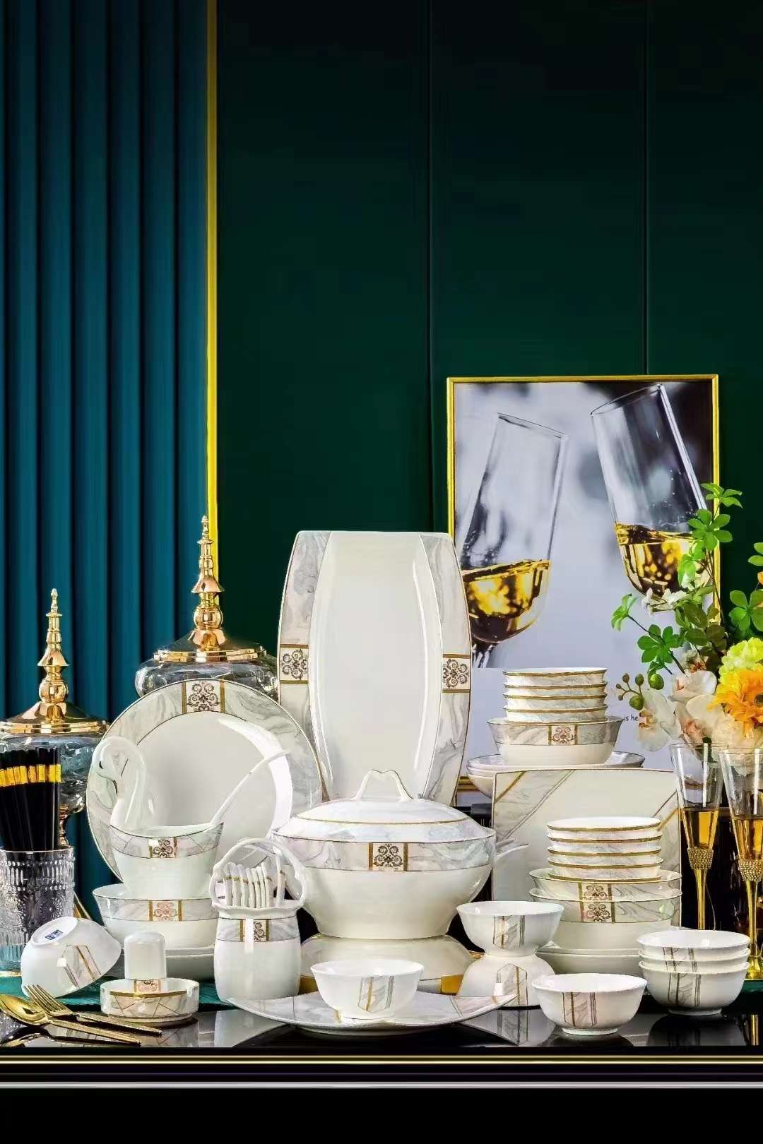 Premium Tangshan bone China tableware set, 52-head new tableware set, daily necessities ceramic tableware set, colored glazed ceramic bowls, plates and dishes, exquisite and durable tableware, high-quality ceramic products, household tableware set