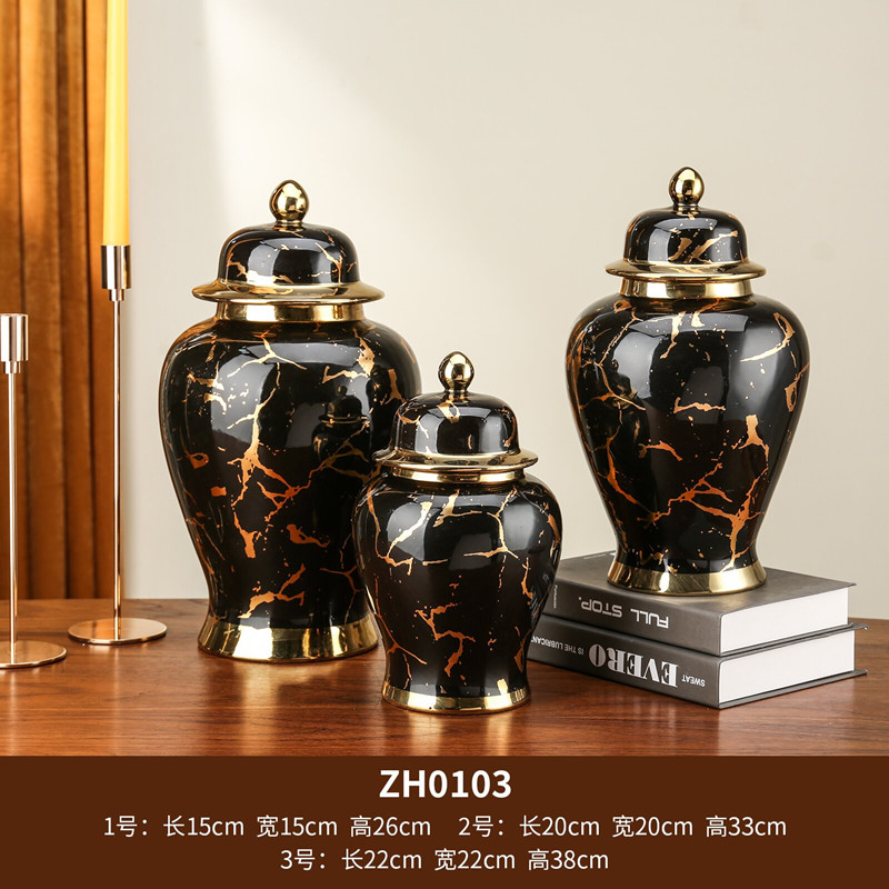 Golden ceramic vintage military jars, open large vases, model room, living room, hotel, Xuan decorative ornaments, flower vases Specification image