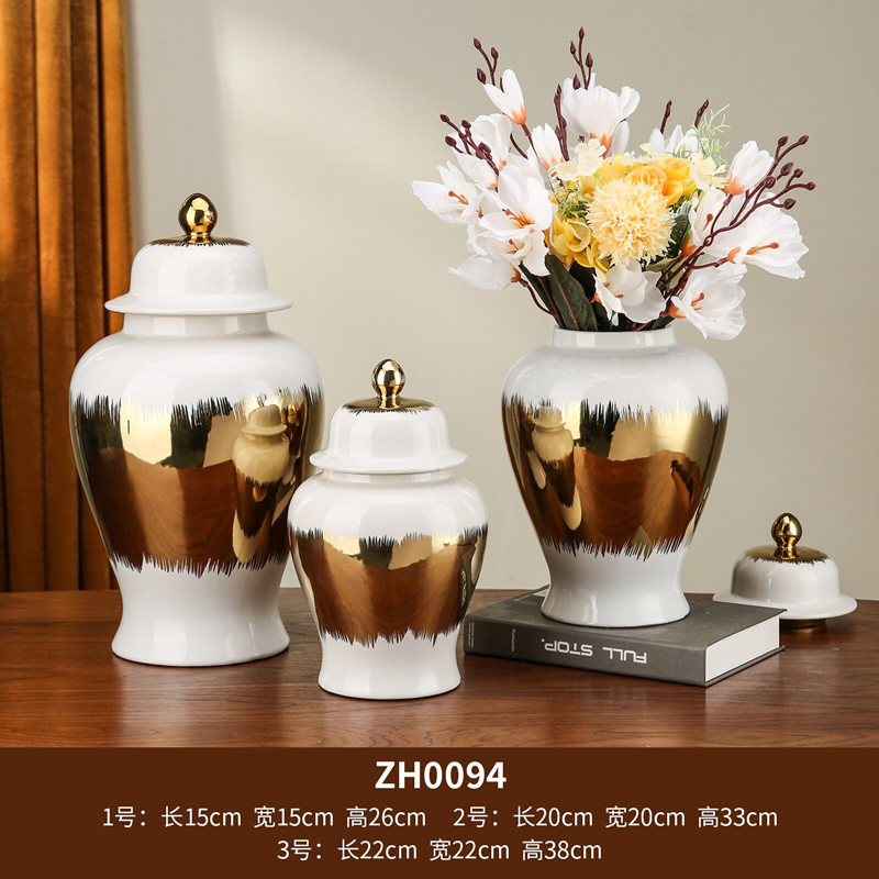 Golden ceramic vintage military jars, open large vases, model room, living room, hotel, Xuan decorative ornaments, flower vases details Picture