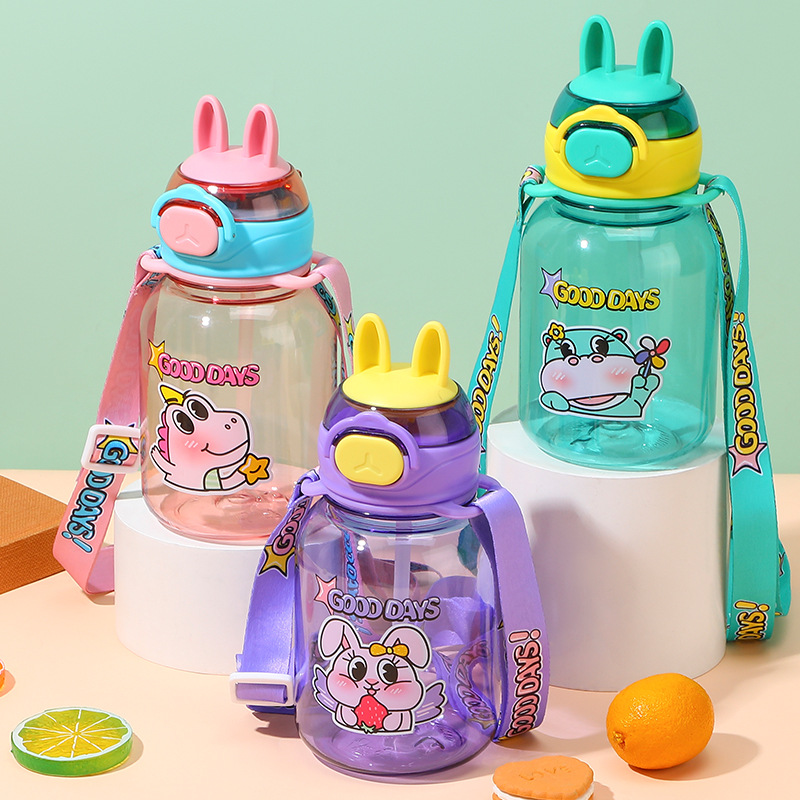 S98-9167 Cute children's Straw Cup, outdoor portable shoulder strap, shock-resistant plastic cup, student drinking water cup