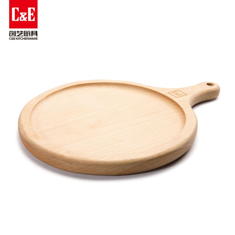 C&E Creative Kitchenware's new beech wood pizza board, a household round anti-corrosion and anti-mold pizza board with a handle, 20cm