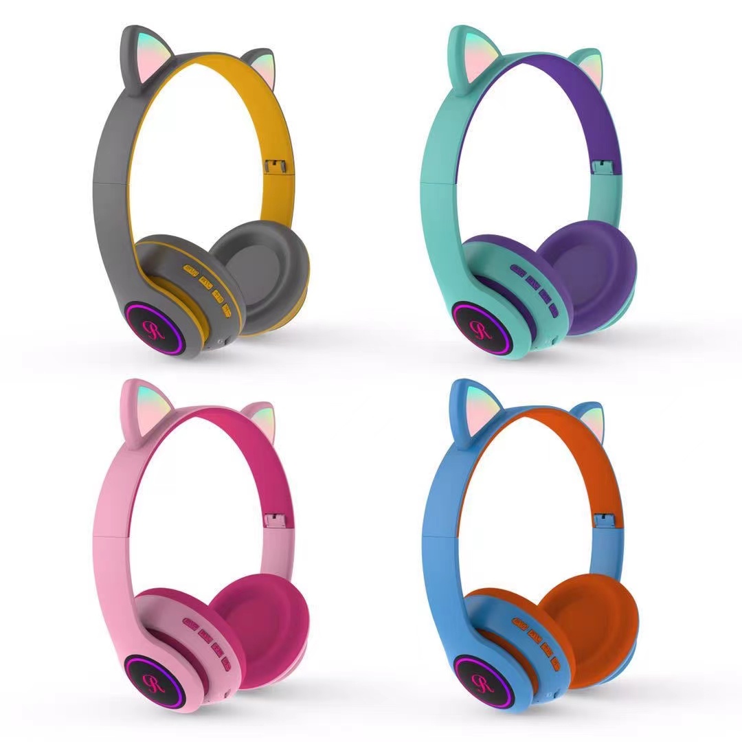 跨境新品CT66发光猫耳朵可爱手机头戴式折叠重低音无线蓝牙耳机