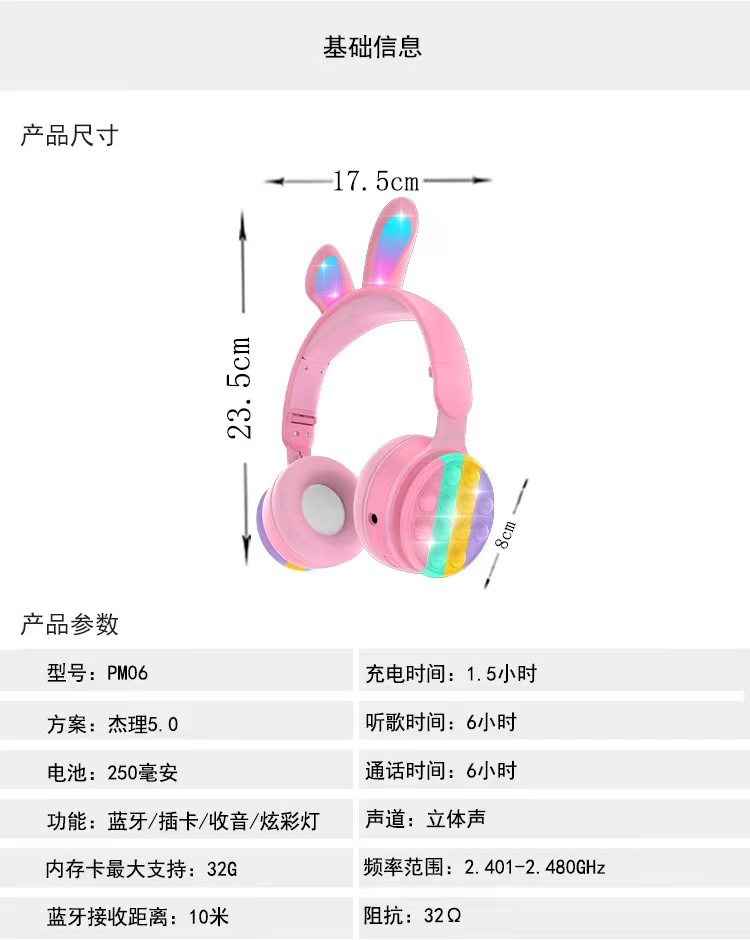 跨境新款 PM-06兔耳朵头戴式无线LED灯卡通蓝牙耳机减压发光低音详情12
