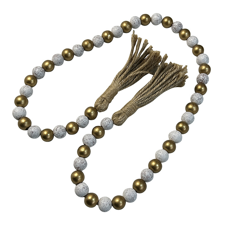 亚马逊跨境麻绳木珠流苏串家居装饰摆挂件托盘串珠金色做旧白54颗木珠详情图1