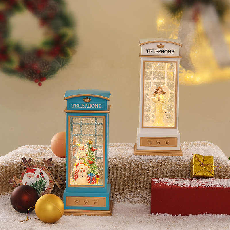 圣诞节彩色电话亭音乐盒飘雪花水晶球八音盒儿童送礼物场景摆件