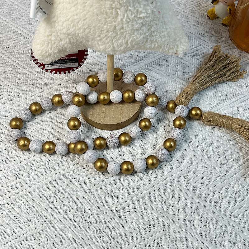 亚马逊跨境麻绳木珠流苏串家居装饰摆挂件托盘串珠金色做旧白54颗木珠详情图6
