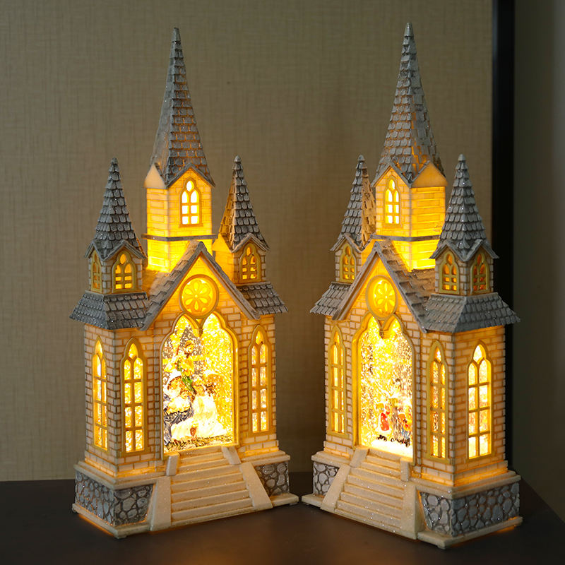 Christmas: Three church music boxes, snowflakes, crystal balls, music boxes, children's gift-giving scene ornaments details Picture