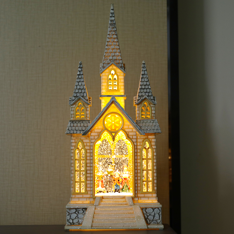 Christmas: Three church music boxes, snowflakes, crystal balls, music boxes, children's gift-giving scene ornaments Application Scenario
