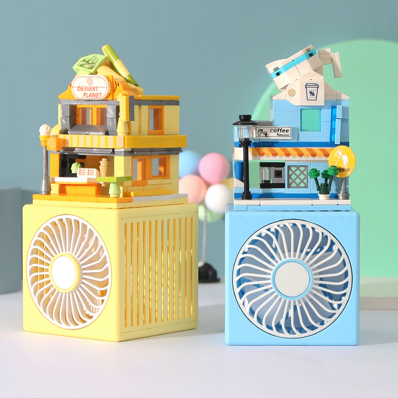 Building block cartoon charging fan, USB charging desktop fan, portable three-speed fan Application Scenario