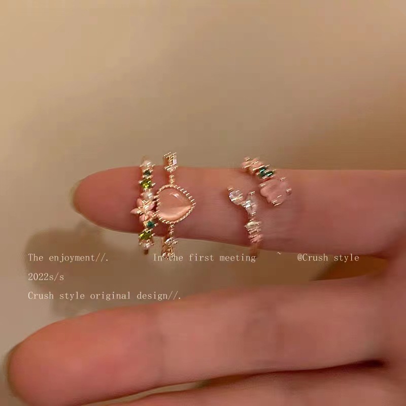 Jade ring, high-end jewelry, pink cat's eye stone accessory, unique personality, ladies' ring, exquisitely handcrafted two-piece set ring detail image 3